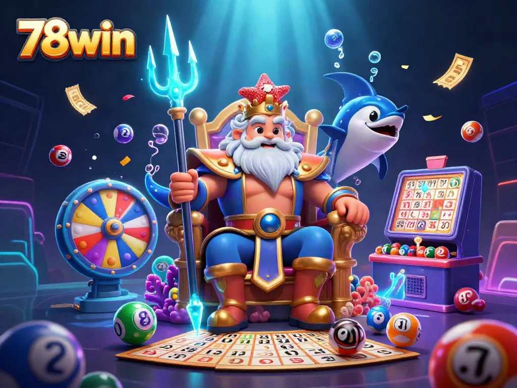 Experience thrilling gaming moments with 78win's vibrant casino scene featuring Neptune and game elements.