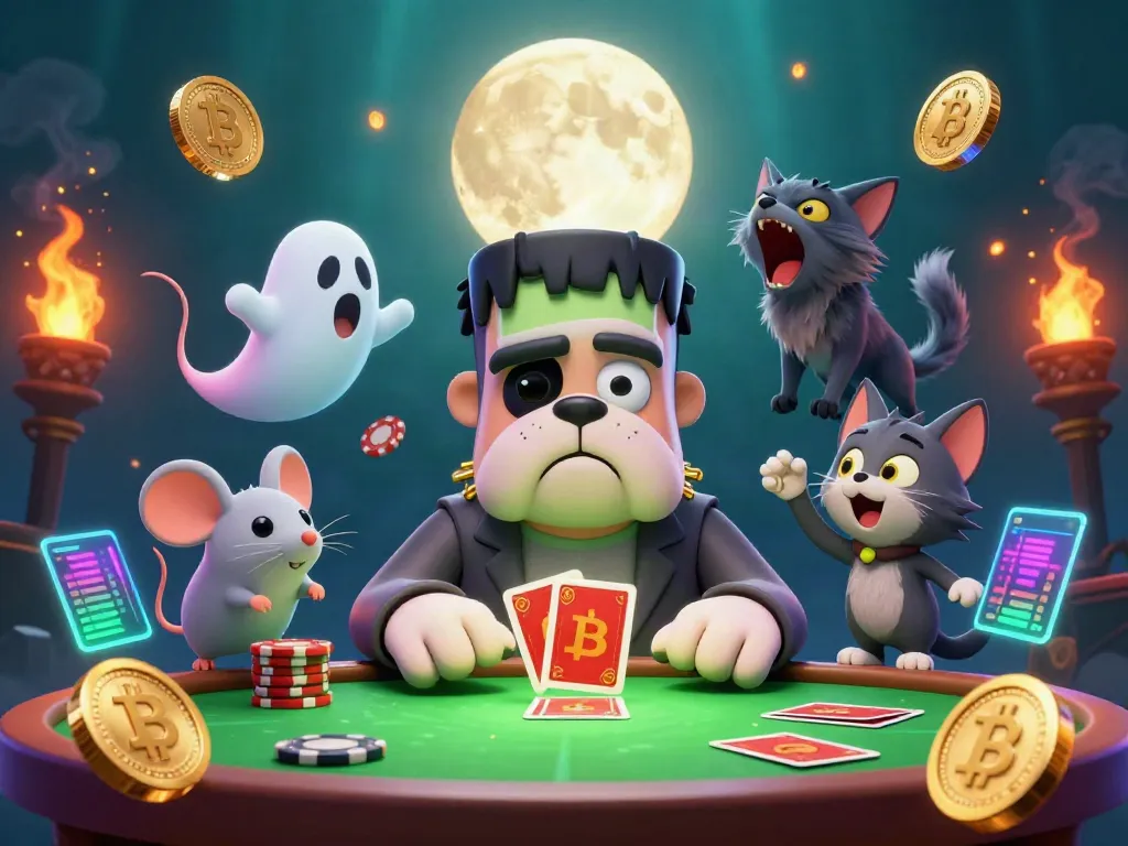 ZBET showcases a 3D Frankenstein bulldog dealing cards at a spooky table surrounded by crypto coins and a werewolf kitten.