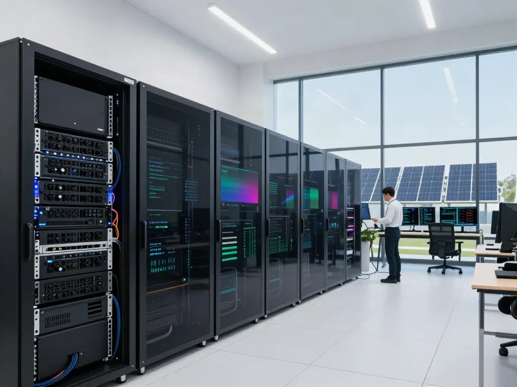 High-tech AI infrastructure in a modern data center with GPU servers and monitoring screens.