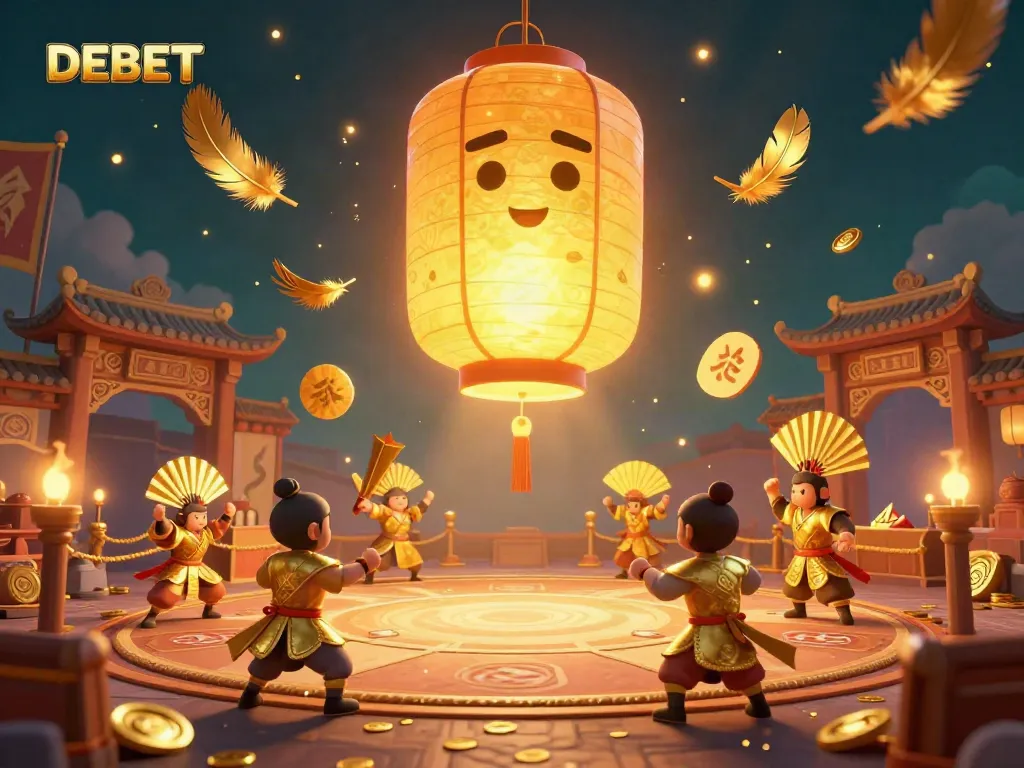 Engage with DEBET’s vibrant casino world, featuring a glowing lantern spirit amidst golden tokens and dynamic elements.