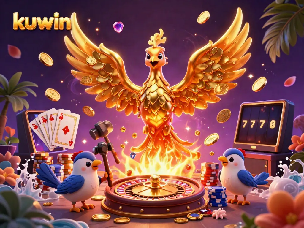 Experience the thrill of kuwin's molten gold phoenix, spinning roulette, and vibrant casino elements!