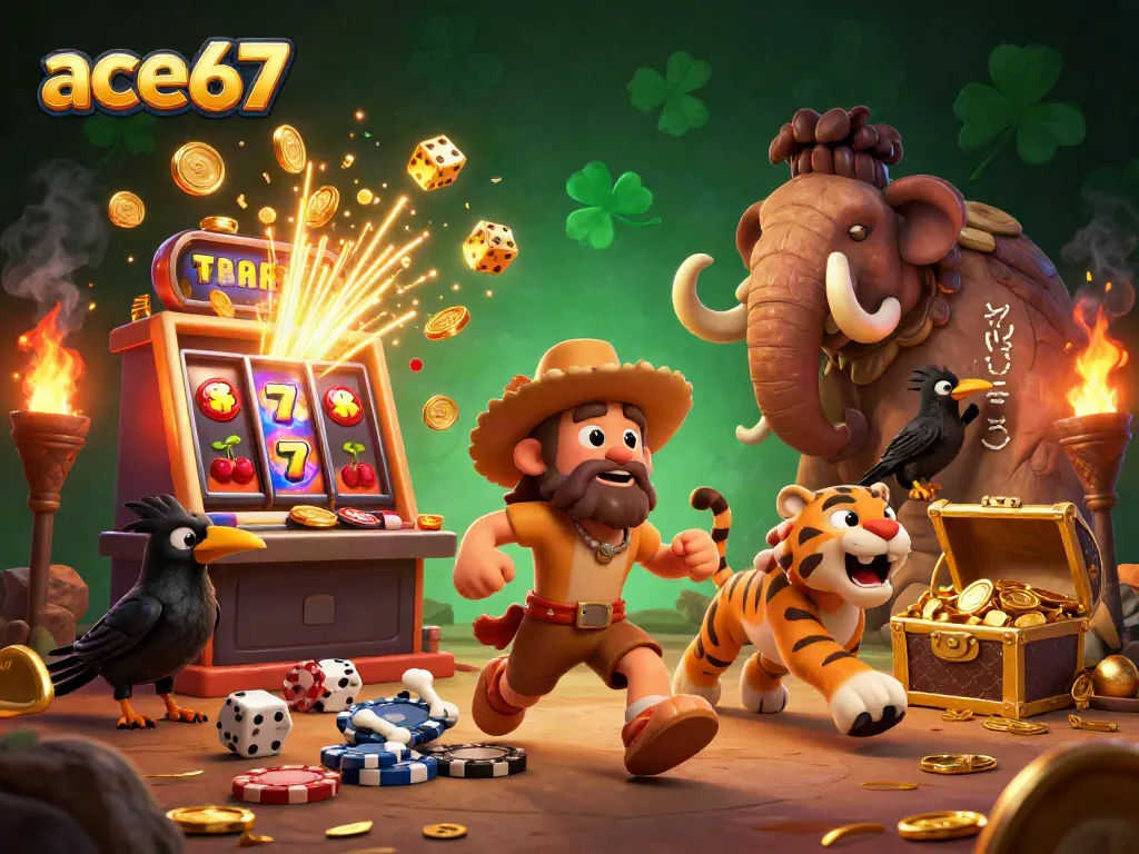 Experience ace67's thrilling prehistoric casino scene with a caveman, sabertooth tiger, and crow amid exploding slot machine action.