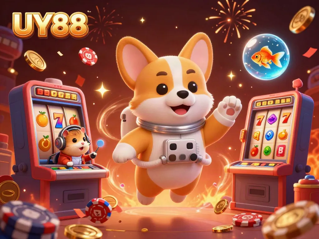 Experience the excitement of UY88 with a floating corgi in a space casino, surrounded by gaming riches.