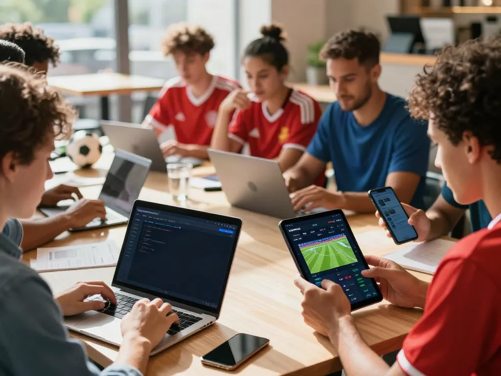 WWBOLA users analyzing high odds for sports betting on mobile and laptops in a lively café.