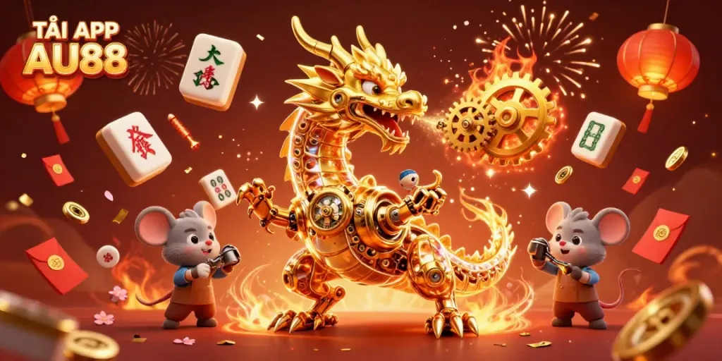 Engage in TẢI APP AU88 with a vibrant scene featuring a golden dragon and festive casino elements.