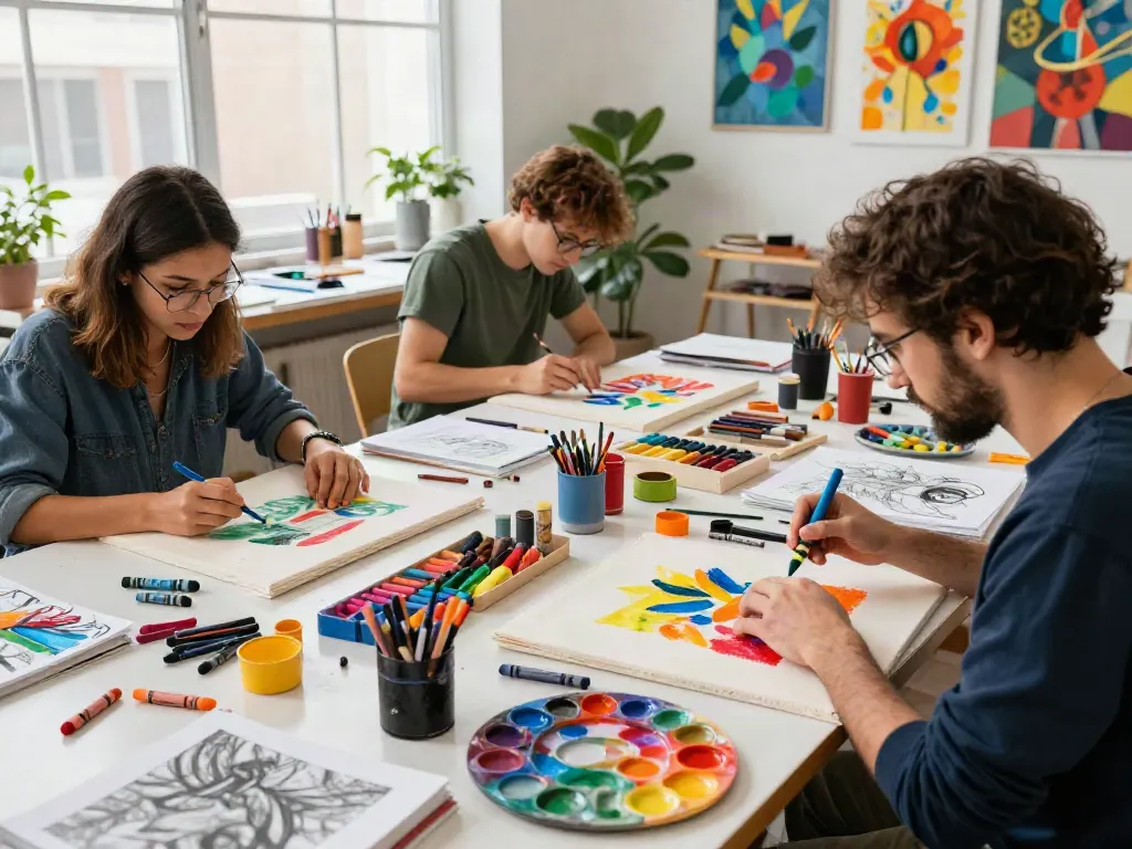 Collaboration in a crayon supplier art studio with vibrant tools and techniques.