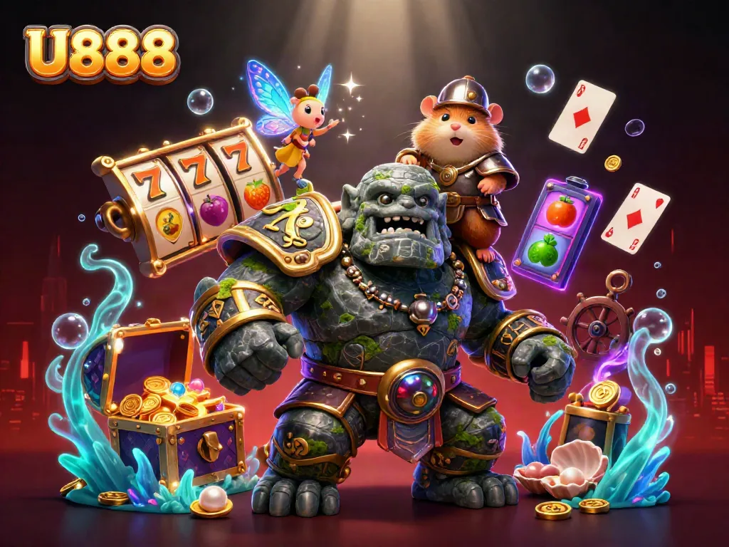 Engage in thrilling gameplay at U888, featuring a magical golem, fairy, and hamster knight amidst vibrant slot elements.