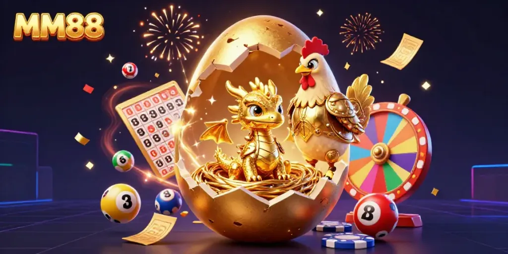 Experience the MM88 excitement with a golden dragon amidst colorful lottery balls and festive elements.
