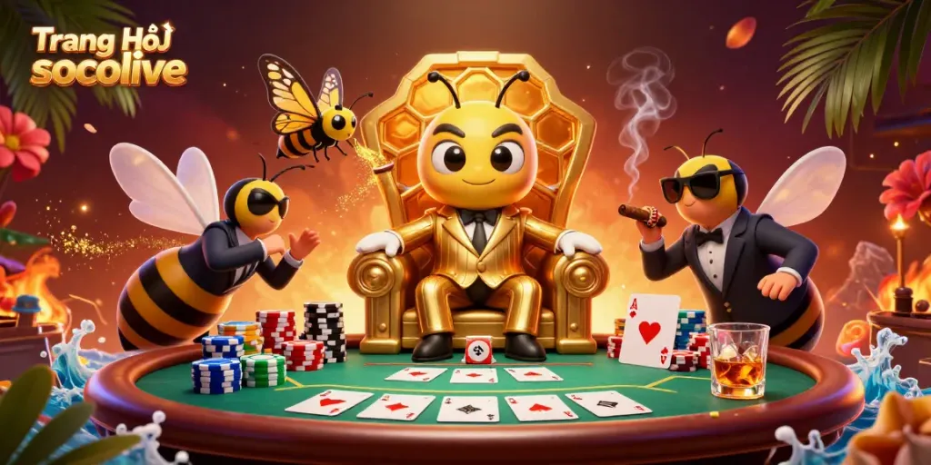 Engage with Trang Chủ socolive featuring a vibrant 3D bumblebee mob boss in a honeycomb throne room with dynamic poker elements.