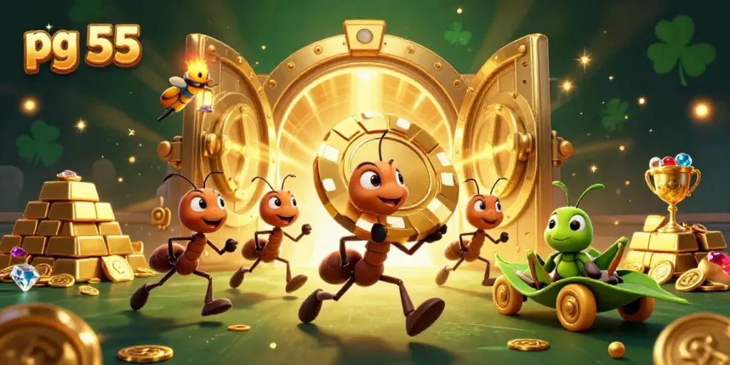 Engage in an epic pg 55 casino heist with ants carrying a golden poker chip amidst sparkling riches.