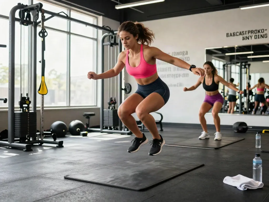Athletic woman doing hop over exercises, showcasing fitness intensity and energy.