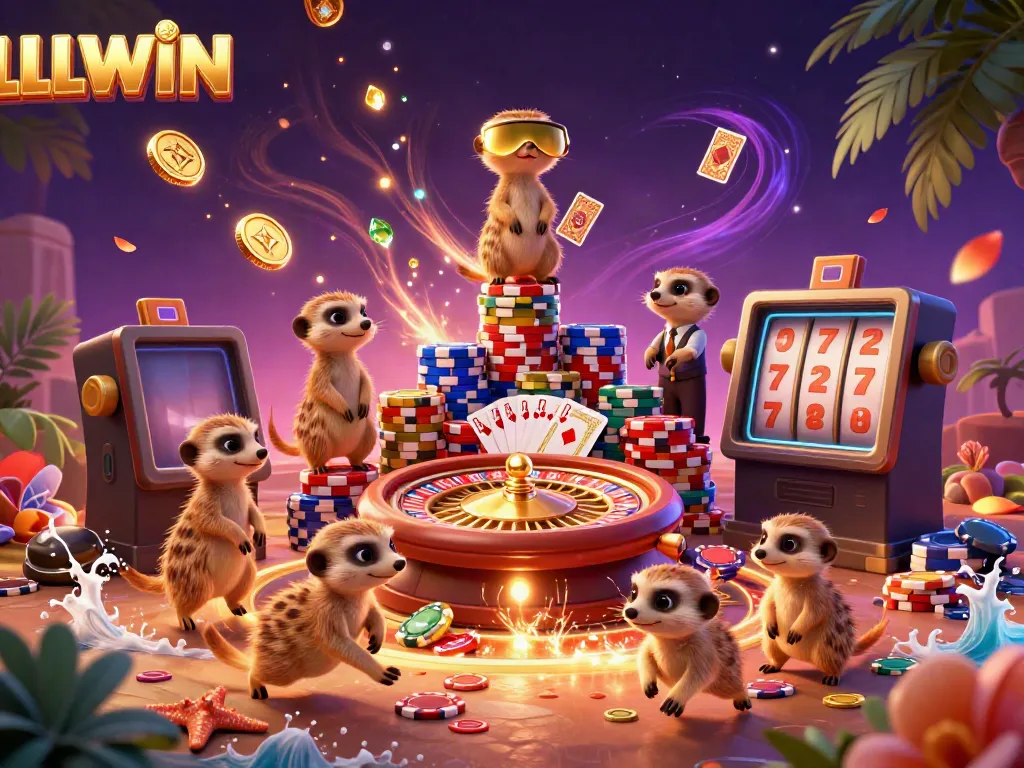 Experience the excitement of LLWIN in a dynamic meerkat casino scene filled with games, winnings, and vibrant energy.