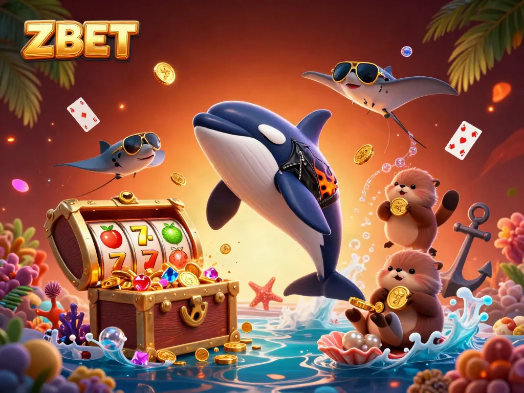 ZBET showcases lively 3D characters, including an orca whale and otters with coins, enhancing the casino spirit.