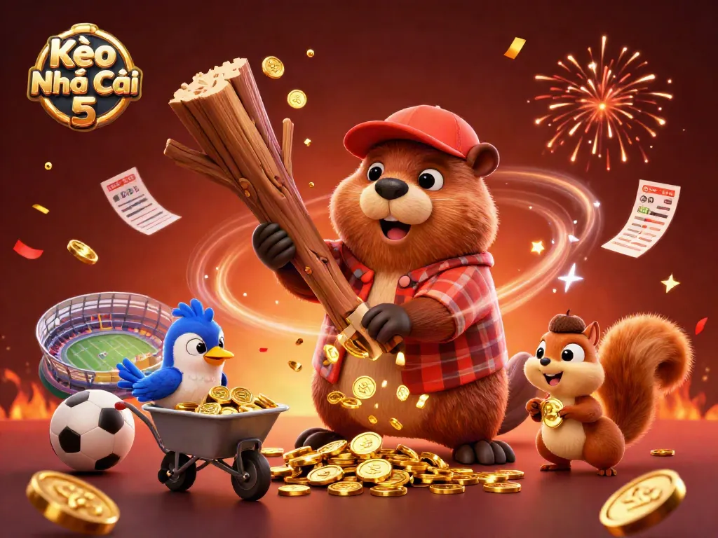 Experience Kèo Nhà Cái 5 as the beaver collects golden betting coins amid a festive sports scene.