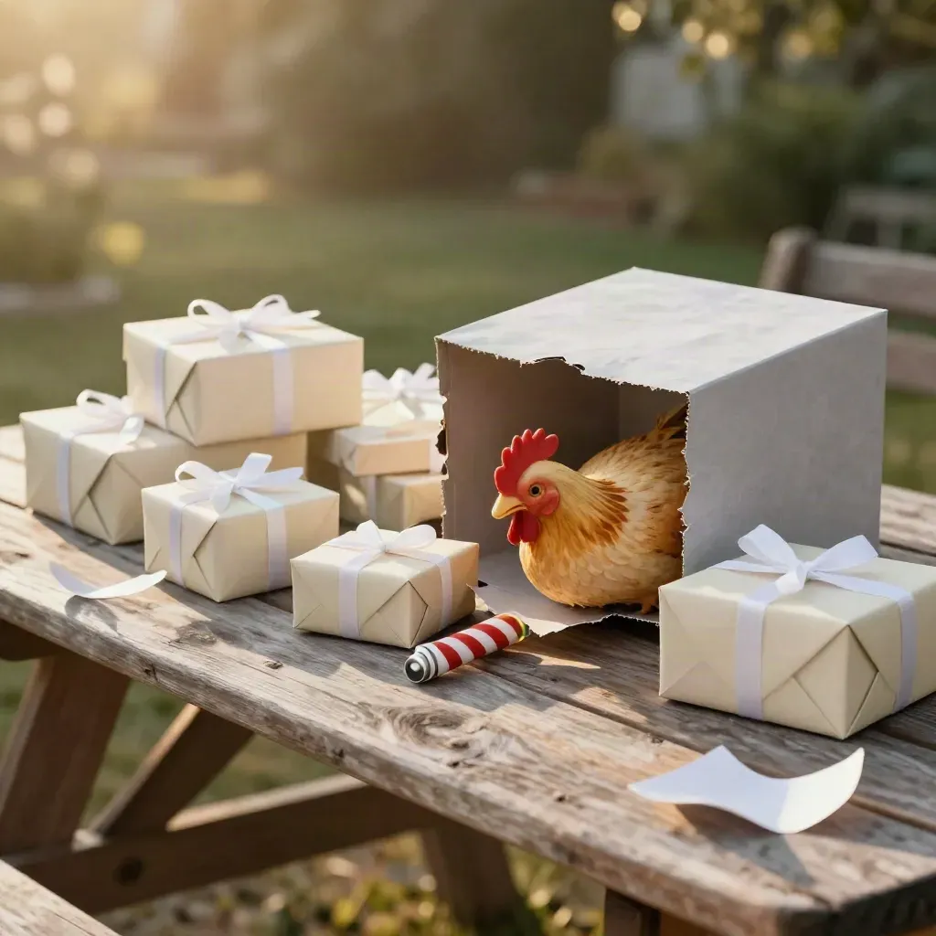 Gag gift bundle on a picnic table, ribbon curls and a rubber chicken peeking out