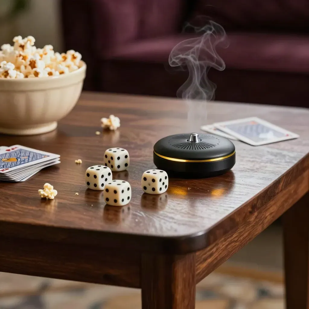 Scattered dice, vibrating buzzer, face-down cards and steaming popcorn on a game-night table.
