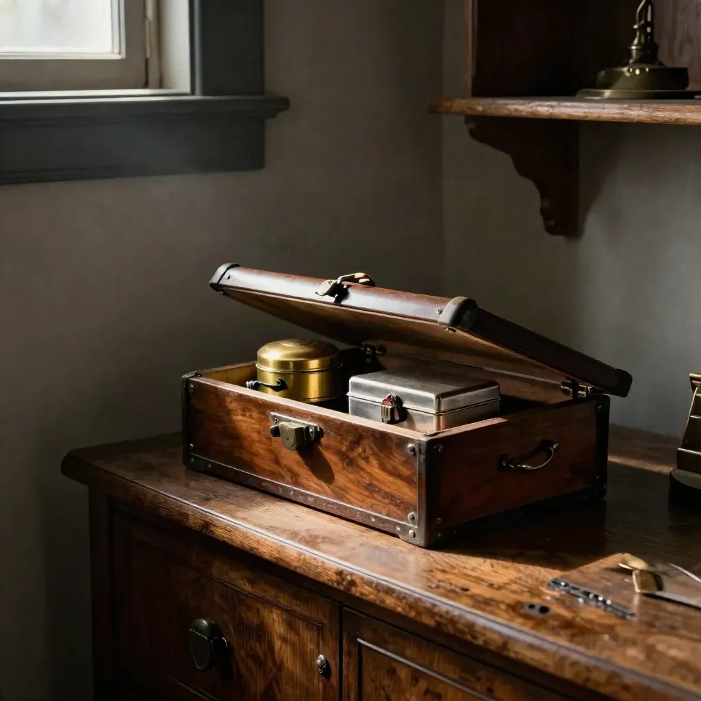Basement sideboard with a half-open joke vault, brass buzzer, clown nose, fake mustache, and metal box.