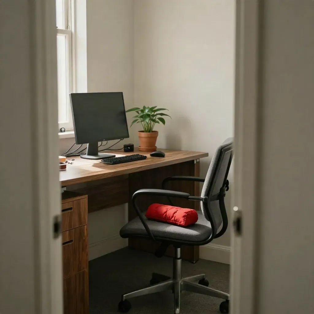 Office prank scene with a whoopee cushion on a rolling chair beside a plant and monitor.