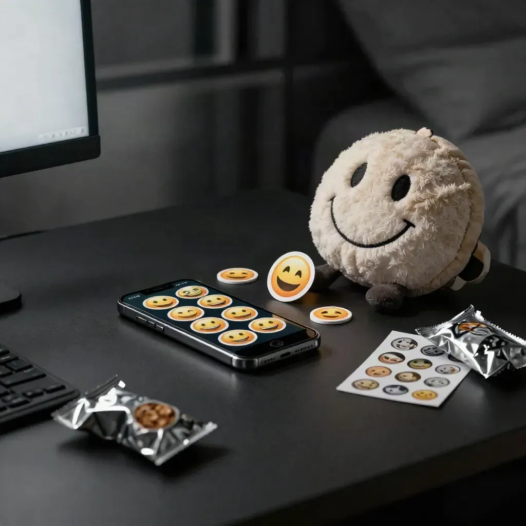 Face-down phone, emoji stickers, plush laugh face and snack wrappers on a dark desktop