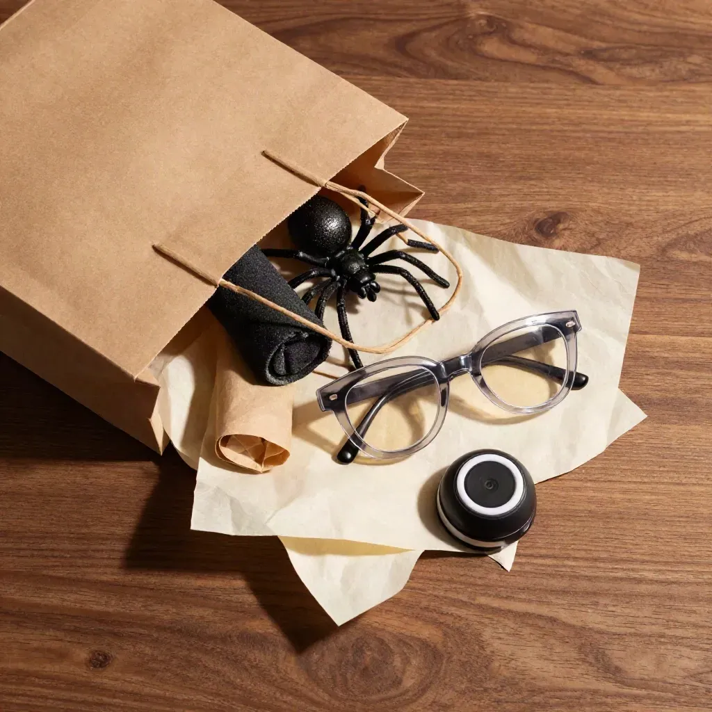 Overhead flat lay of tipped gag gifts spilling from kraft wrap on warm walnut wood