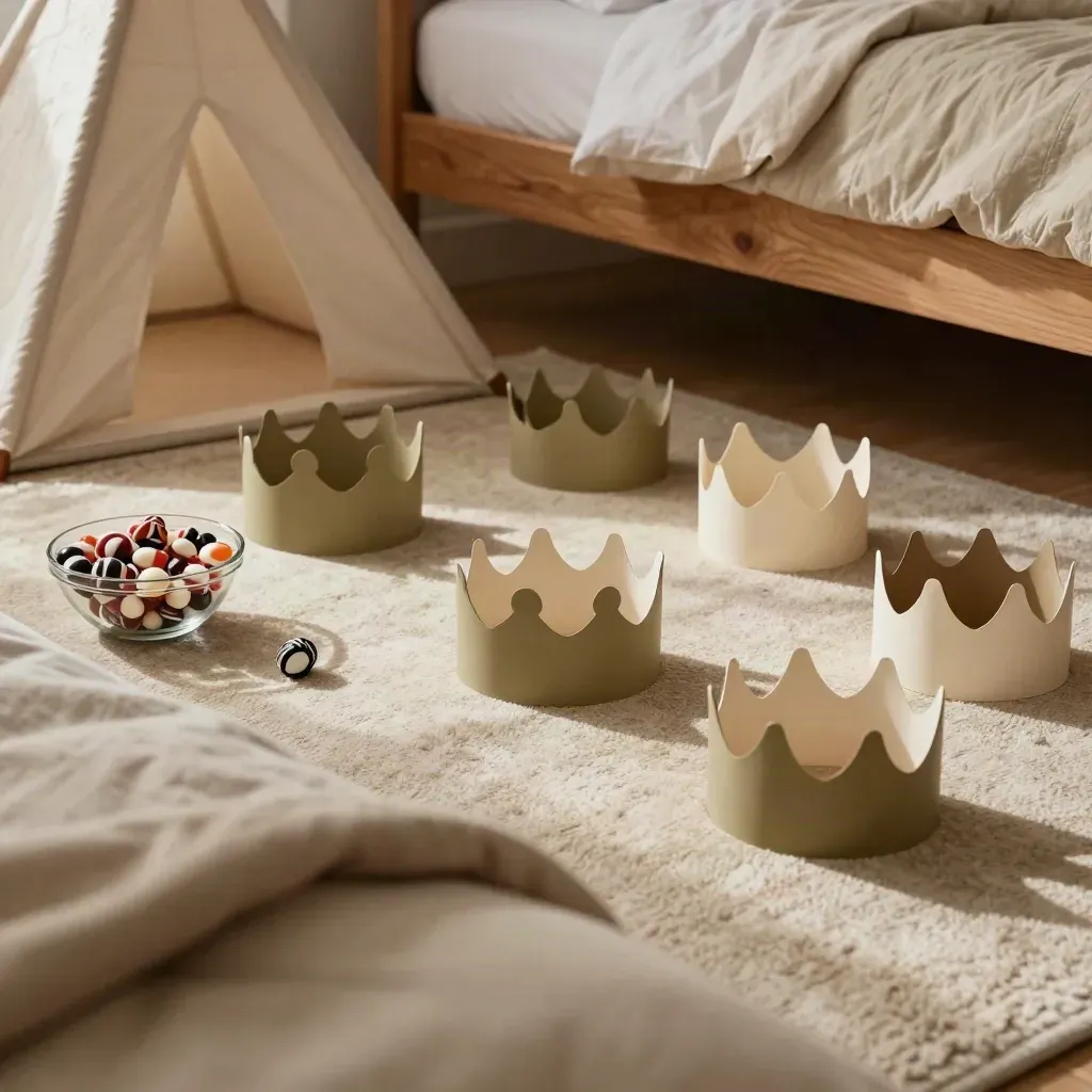 Teen party props spread on a bedroom floor beside a pillow fort and candy bowl.