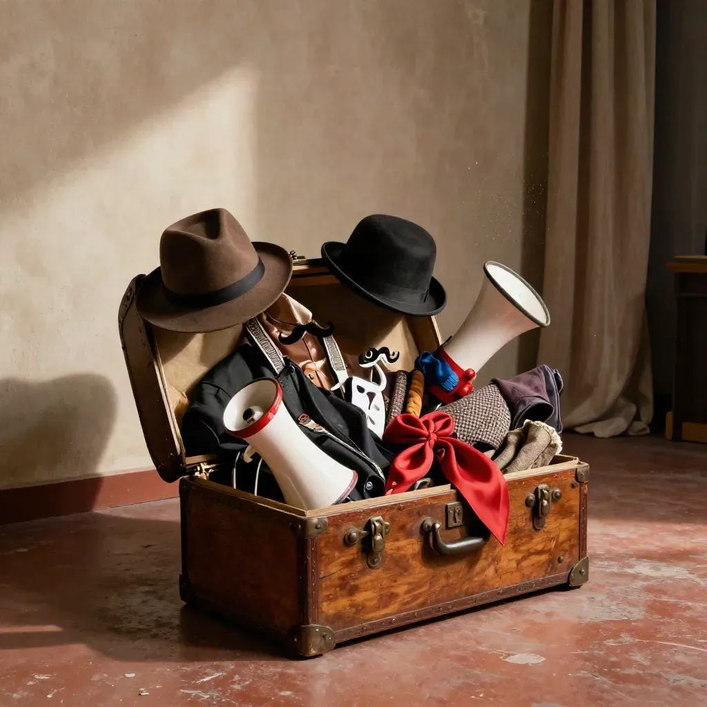 Open costume trunk spilling hats, mustaches, megaphone and outfits in a dim rehearsal room.
