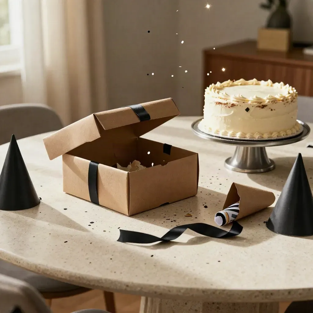 Open birthday prank box, confetti frozen above a cake stand with party hats on a travertine table.