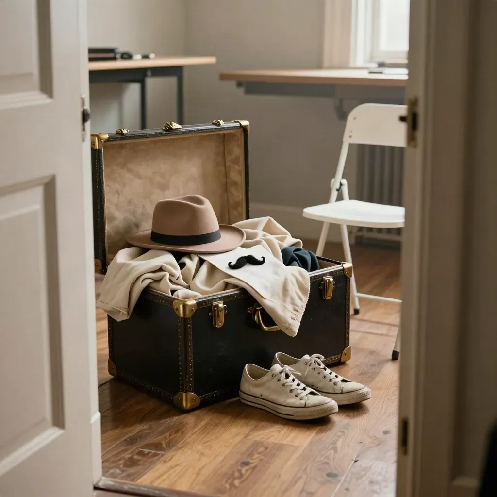 Backstage costume trunk with hat, mustache, sneakers and white chair in a hazy doorway.