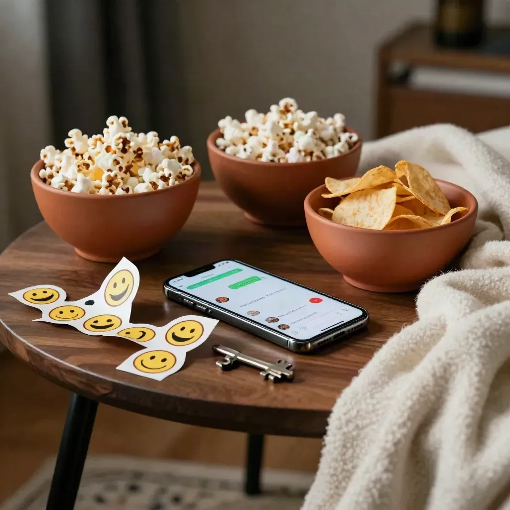 Buzzing phone beside laugh-face stickers, snack bowls, and a soft blanket on a moody side table.