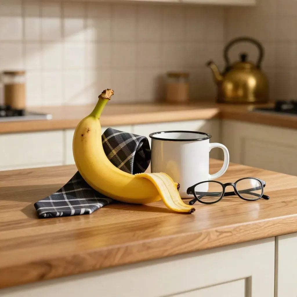 Banana, plaid tie, mug and glasses on a warm kitchen counter, peel slipping free.