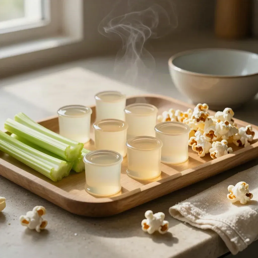 Top-down macro of gelatin cups, celery sticks, popcorn and a small bowl on a warm kitchen counter.