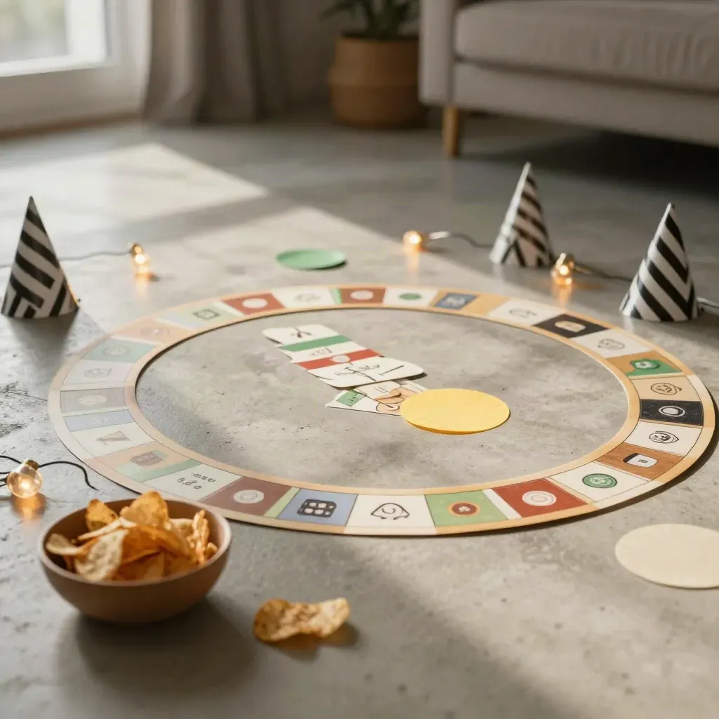 Party game circles, hats, and chips spread across a living-room floor.