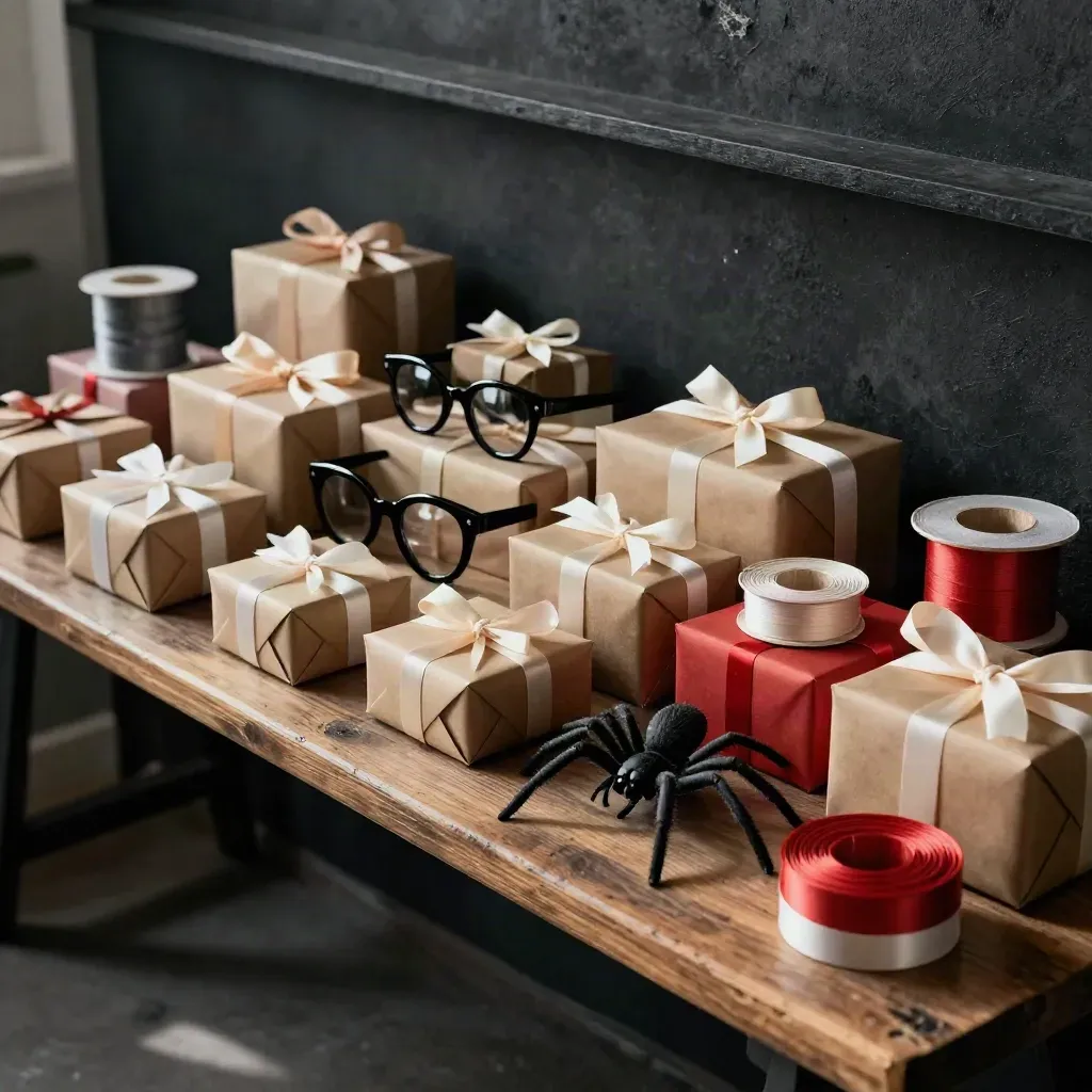 Sorted gag gifts on a packing bench: wrapped boxes, novelty glasses, fake spider, ribbon spools.