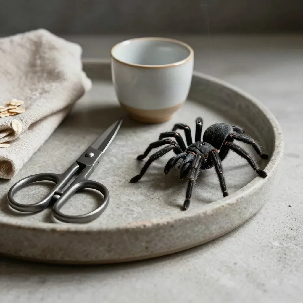 Fake spider, scissors, linen cloth, and ceramic cup arranged on a stone tray