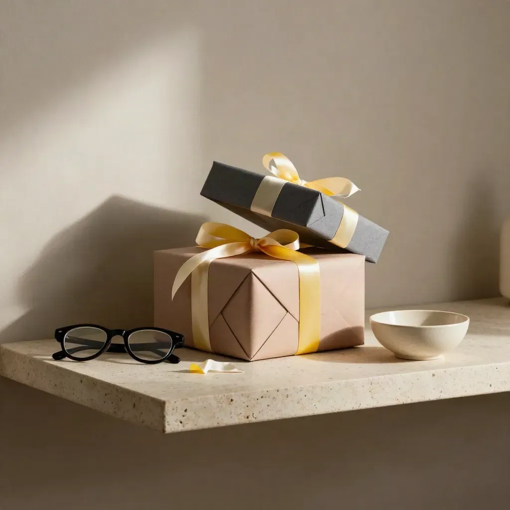 Open gag gift box with novelty glasses and ceramic bowl on a stone shelf