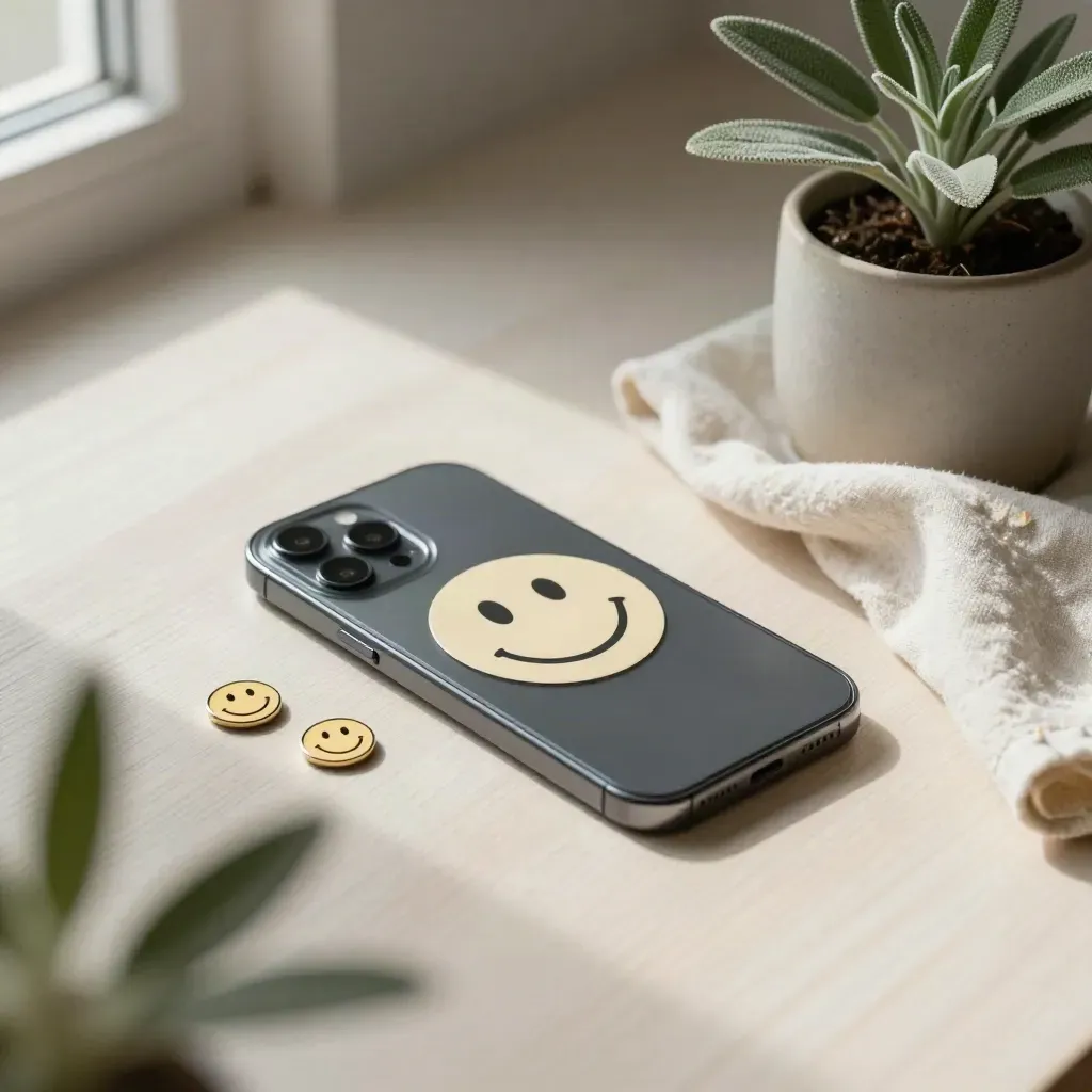 Smartphone with smiley sticker, emoji pins, folded cloth and small plant on pale wood.