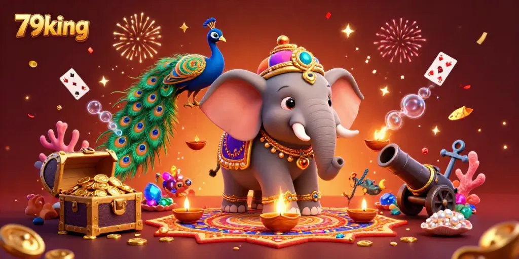 Engaging 79king illustration showcasing an ornate golden elephant and peacock amidst vibrant casino elements.