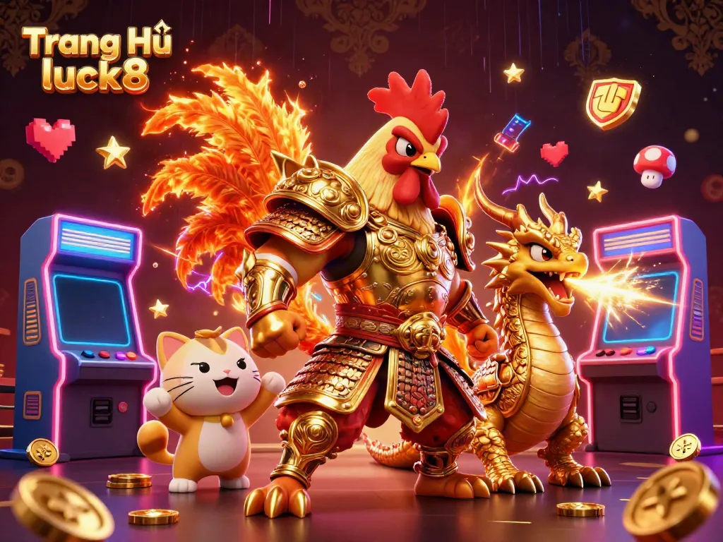 Experience excitement at Trang Chủ luck8 with a dynamic casino-themed digital scene featuring action-packed characters.