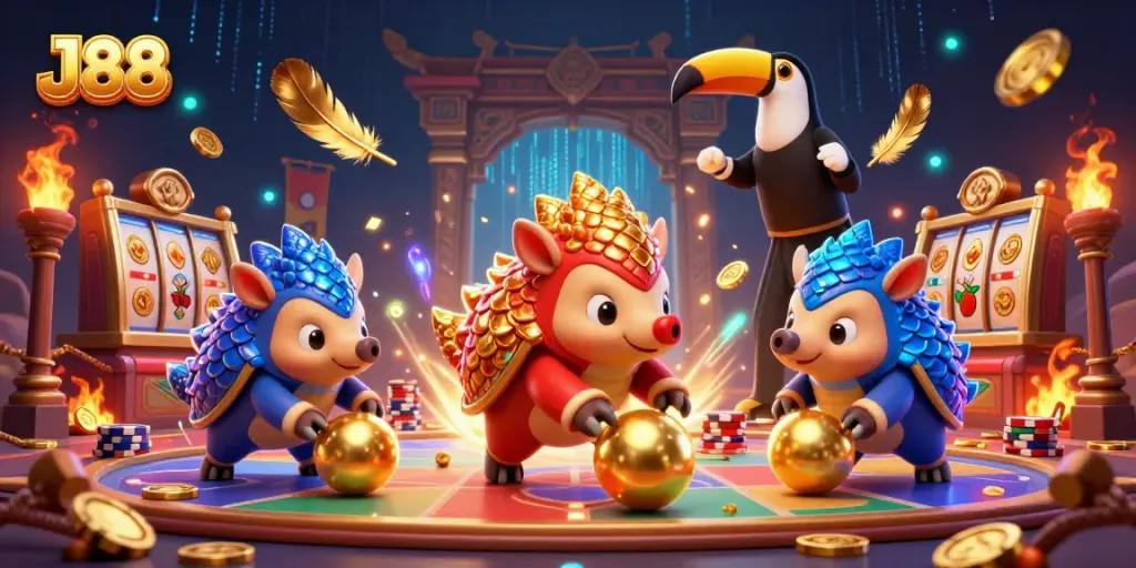 Engage in thrilling J88 casino action with cartoon pangolins in a dynamic betting scene.