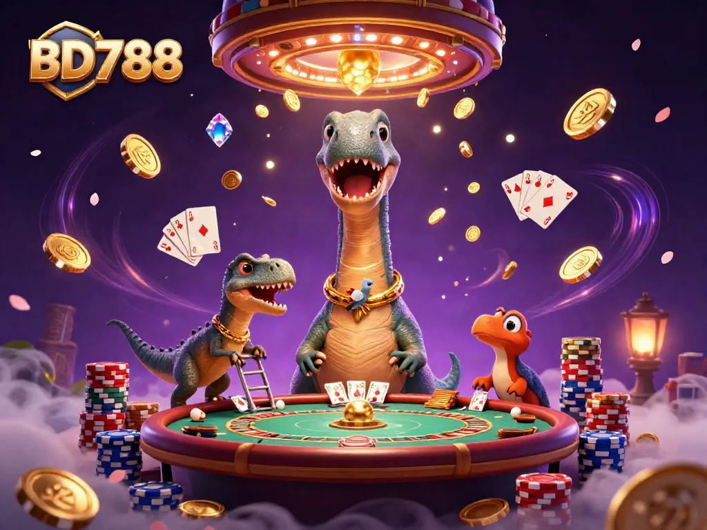 Experience the exciting world of BD788 with a dynamic scene showcasing a giant brontosaurus and a clever raptor amidst a lively casino atmosphere.