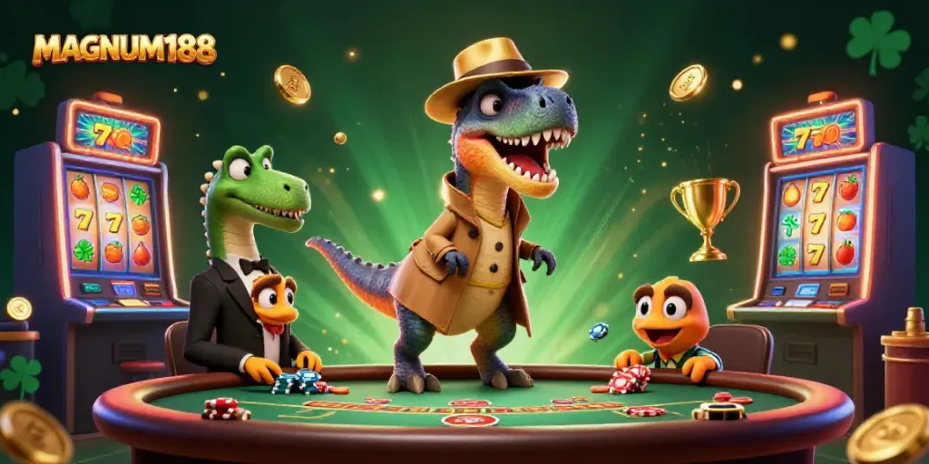 Experience the excitement at MAGNUM188 with whimsical dinosaur characters in a lively casino scene.