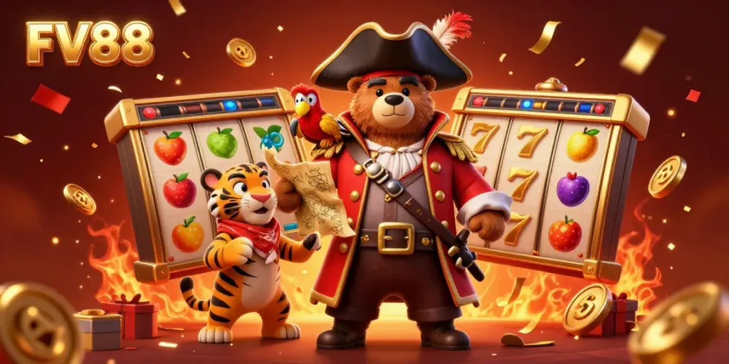 Experience excitement at FV88 with our vibrant casino-themed illustration featuring a pirate bear and his companions.