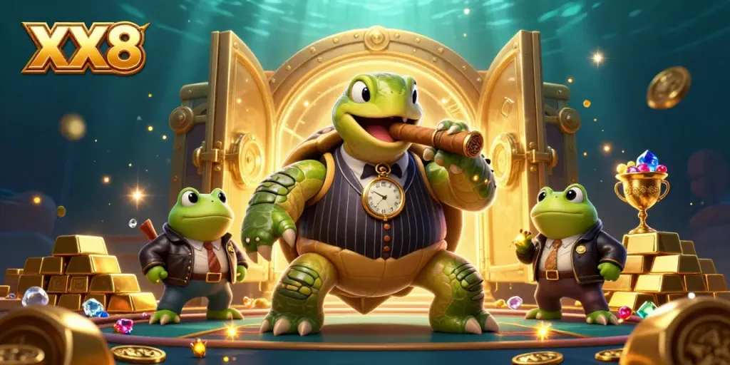Experience the exciting world of XX8 casino with vibrant characters and treasure elements.