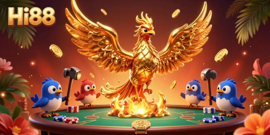 Experience thrilling winnings at Hi88 with a dynamic scene featuring a molten phoenix and poker elements.