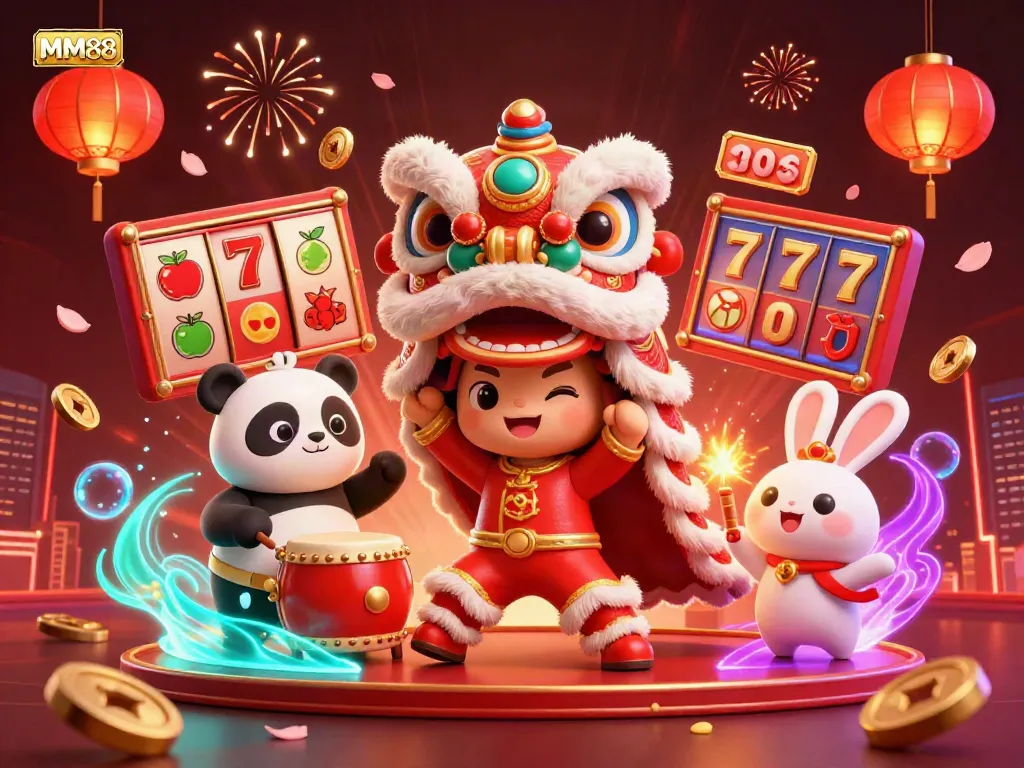Experience the excitement of MM88 with a dynamic casino scene featuring vibrant Chinese New Year characters surrounded by rich gaming elements.