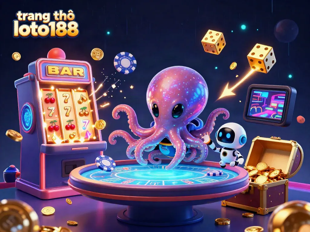 Experience the excitement of trang chủ loto188 with a vibrant 3D casino scene featuring an alien octopus and robot amidst jackpot explosions.