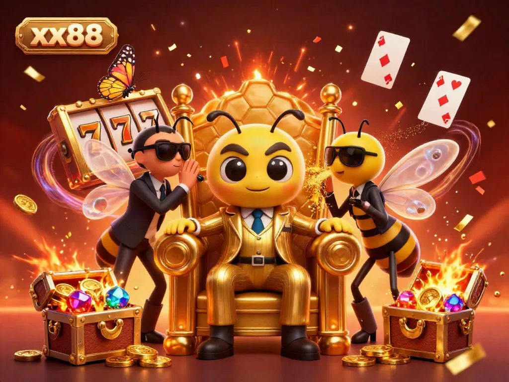 Engage with the vibrant xx88 casino scene featuring a bumblebee mob boss amidst dynamic gaming elements.