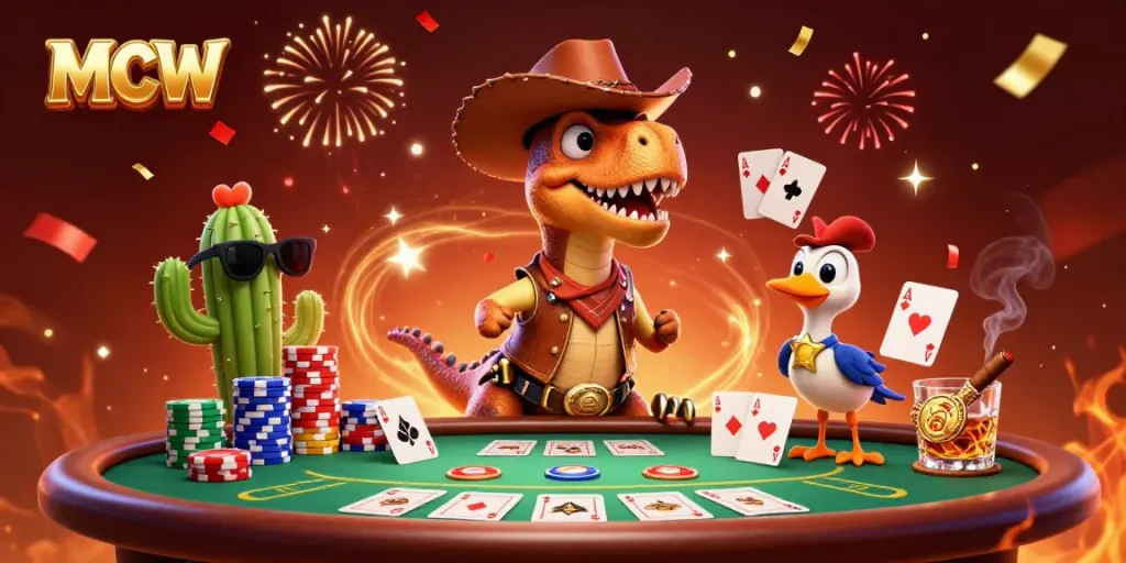 Engage with the dynamic MCW gaming scene featuring a cowboy T-Rex and casino elements.