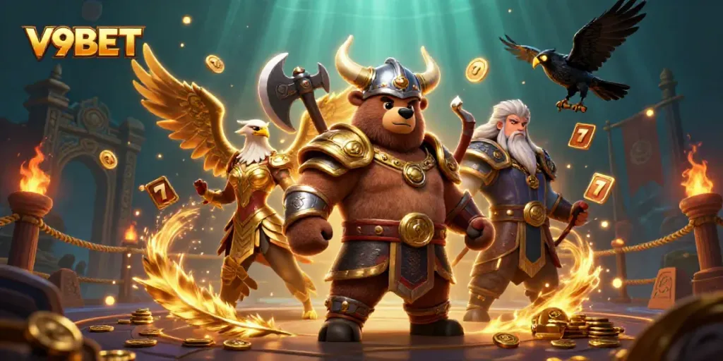 Experience thrilling gaming with V9BET, showcasing Viking characters and vibrant casino elements.