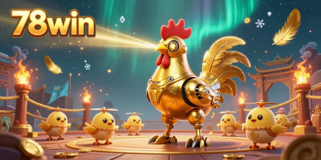 Engage in thrilling gameplay at 78win with golden rooster robot and baby chick drones in an exciting casino scene.